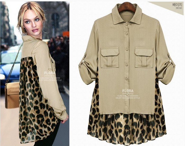 2013 women's new splicing leopard grain plait shirt 1 piece free Free shipping/ DZ083