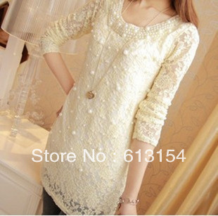 2013 women's pearl decoration lace shirt all-match lace long sleeve length basic shirt