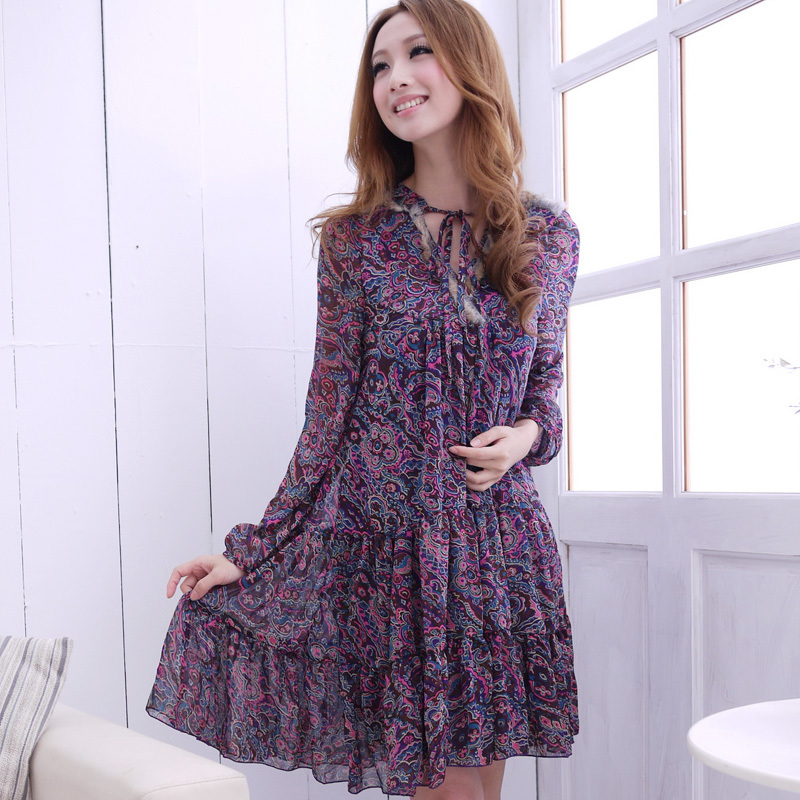 2013 women's plus size V-neck basic dress long-sleeve chiffon dress