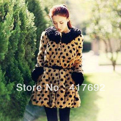 2013 Women's Quality Leopard Print o-neck Rabbit Fur Collar Faux Medium-long Outerwear Overcoat cloak