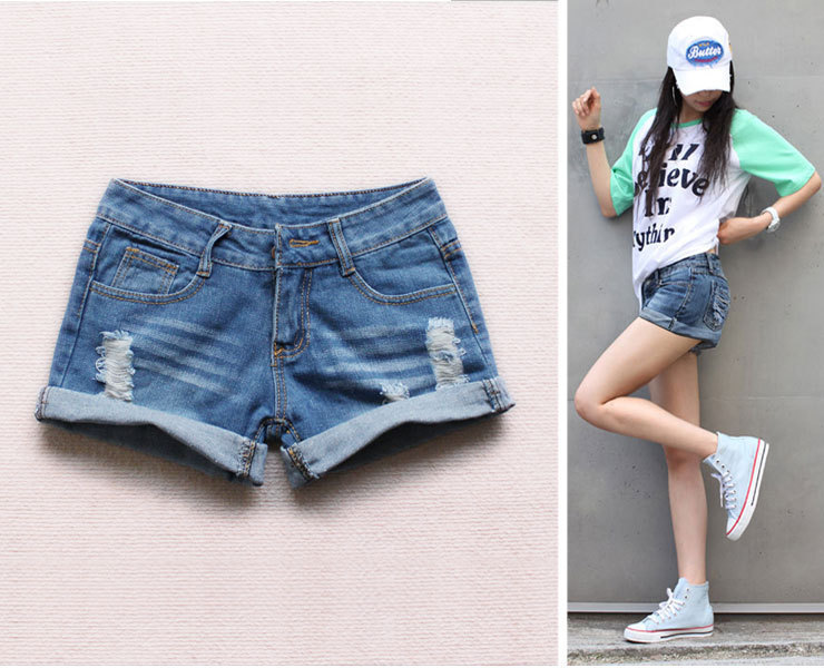 2013 women's roll up hem roll-up hem denim shorts hole summer loose plus size mm trousers