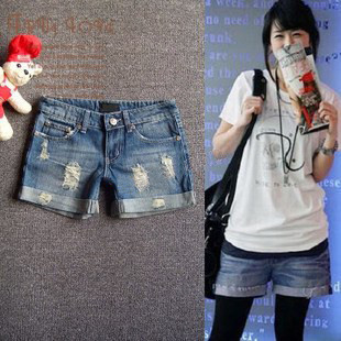 2013 women's roll up hem roll-up hem denim shorts hole summer loose plus size mm trousers