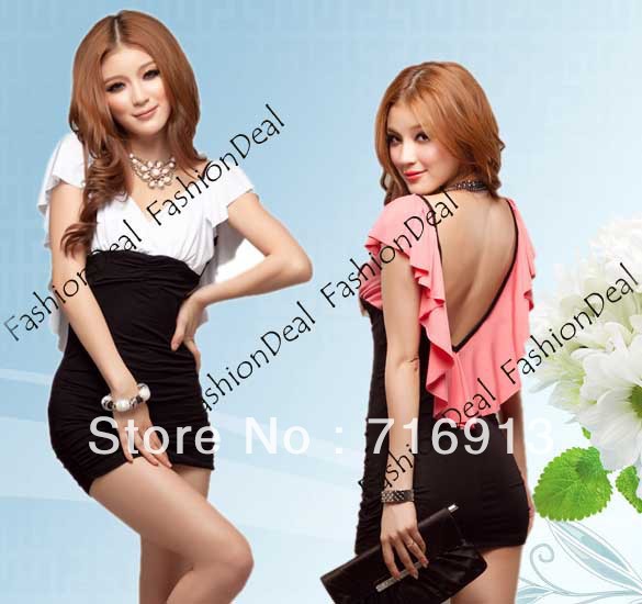 2013 Women's Sexy Deep V-Neck Lotus Leaf Bare Back Sleeveless Slim Mini Dress Free shipping 3629