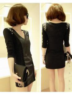 2013 women's sexy lace slim hip leather skirt long-sleeve basic one-piece dress