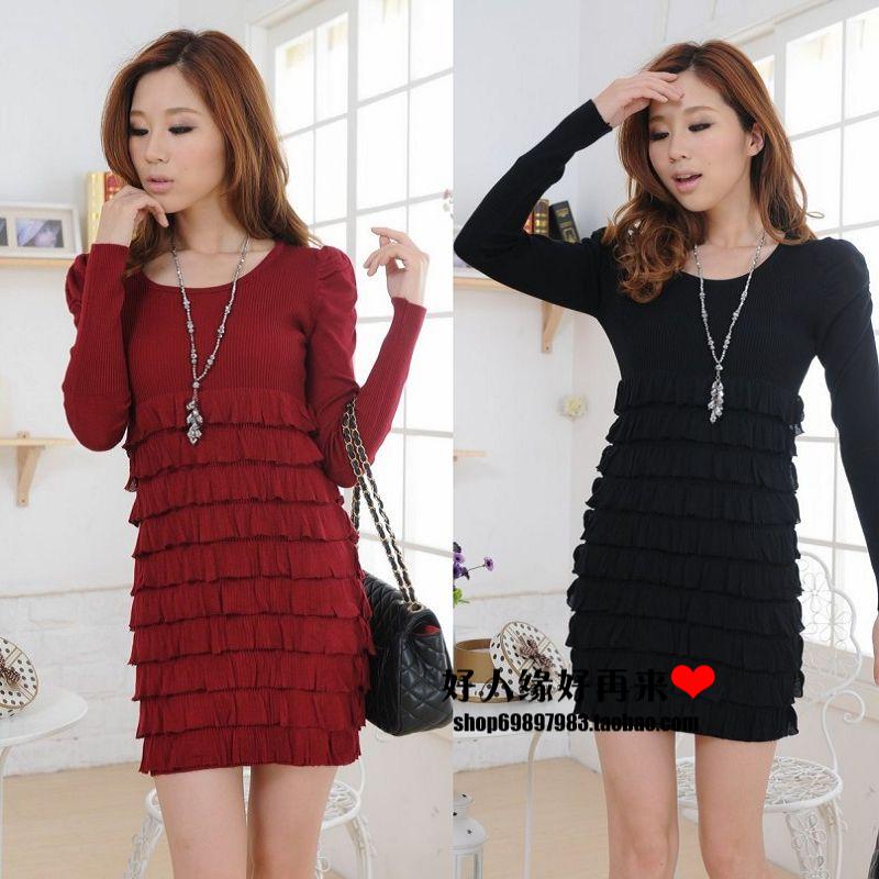 2013 women's slim medium-long puff sleeve cake one-piece dress sweater