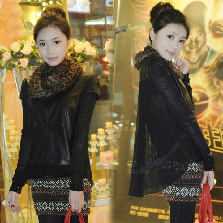 2013 women's spring and autumn fashion long-sleeve shirt chiffon patchwork leather all-match loose t-shirt plus size