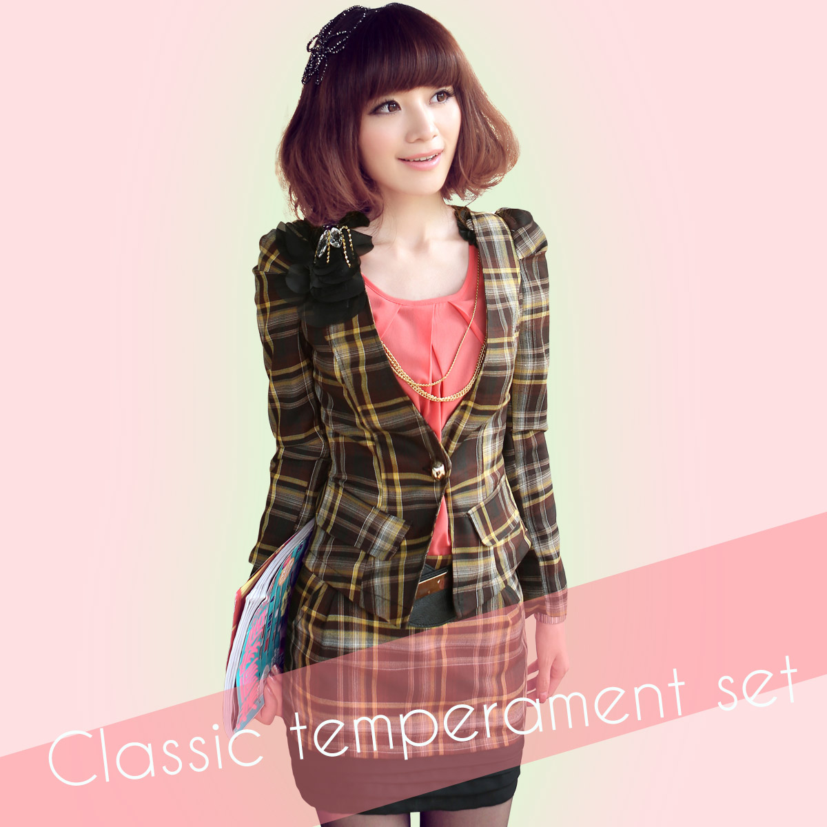 2013 women's spring classic fashion plaid set twinset corsage