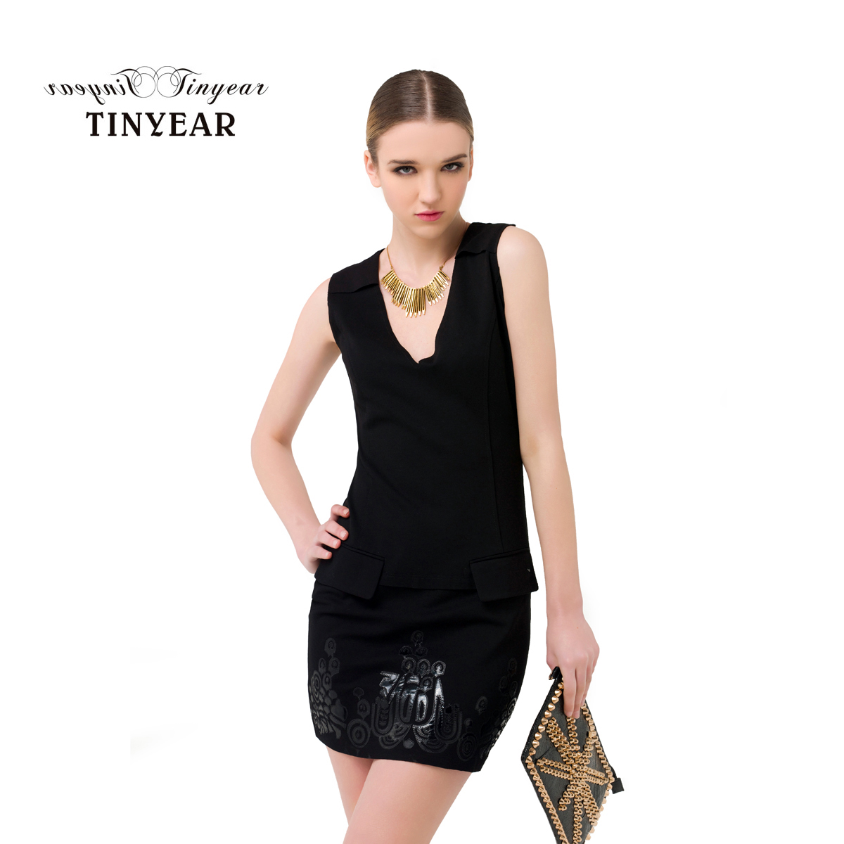 2013 women's spring fashion brief black patent leather embroidered one-piece dress