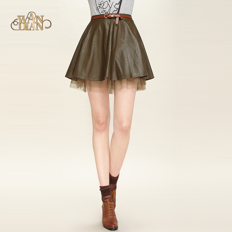 2013 women's spring gauze patchwork leather puff skirt short skirt bust skirt 1113198