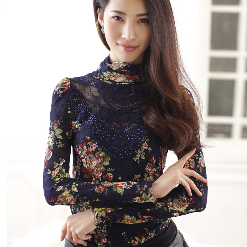 2013 women's spring lace turtleneck slim long-sleeve basic shirt