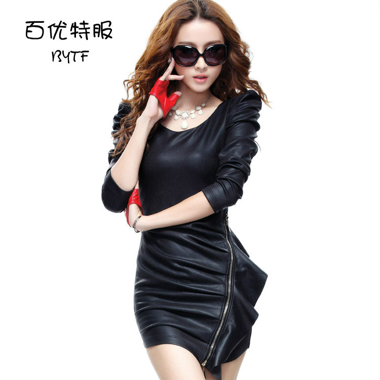 2013 women's spring long-sleeve ruffle serpentine pattern water washed leather slim fashion one-piece dress