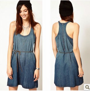 2013 women's spring new arrival fashion leather cord 100% cotton water wash denim vest one-piece dress short skirt