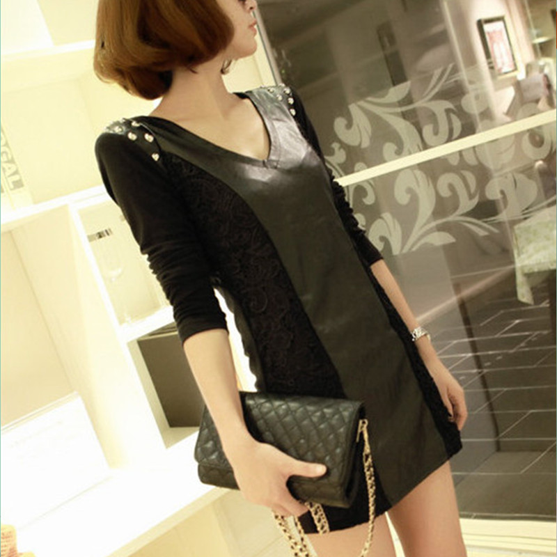 2013 women's spring new arrival slim sexy japanned leather thin basic shirt long-sleeve v-neck dress