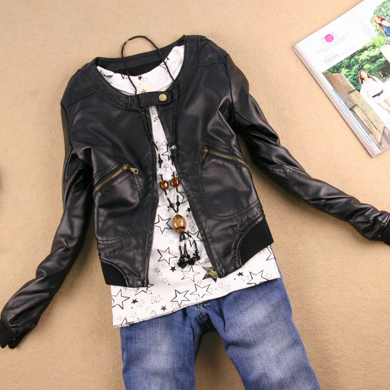 2013 women's spring outerwear o-neck PU leather jacket cotton short design slim leather clothing d4