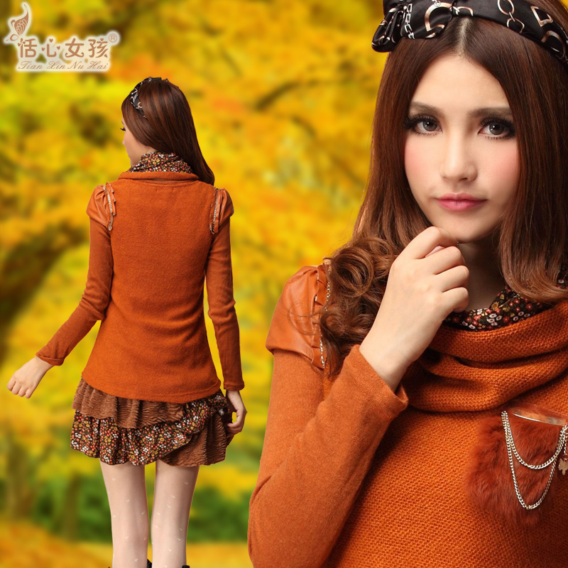 2013 women's spring rabbit fur pocket leather sleeves twinset autumn and winter one-piece dress