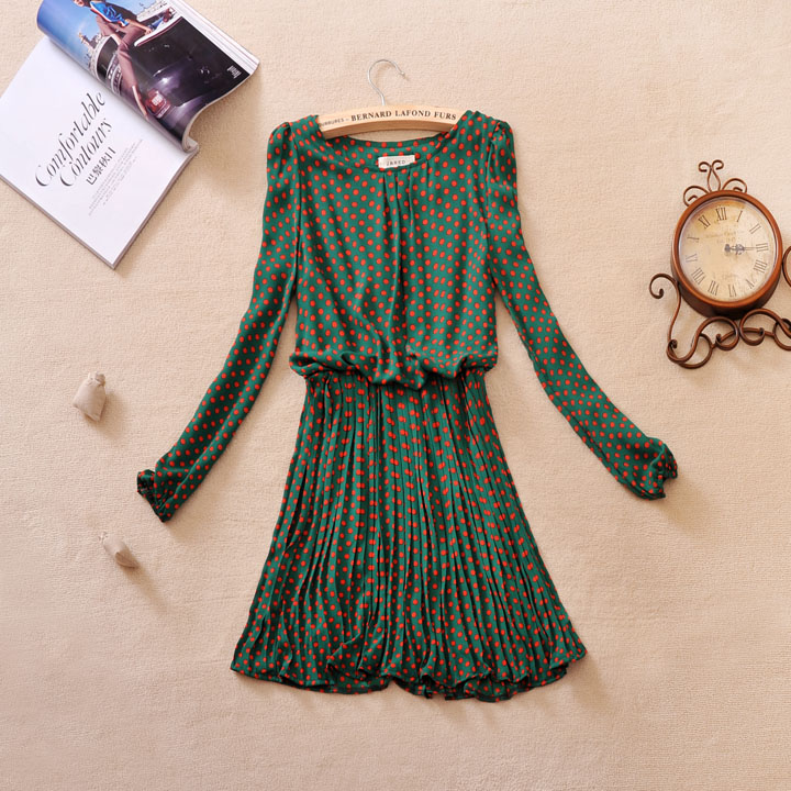 2013 women's spring slim pleated skirt ladies polka dot long-sleeve chiffon one-piece dress