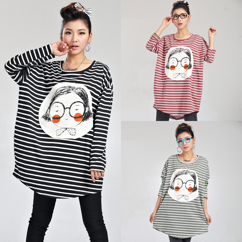 2013 women's spring stripe cartoon graphic patterns loose plus size maternity clothing plus size long-sleeve t