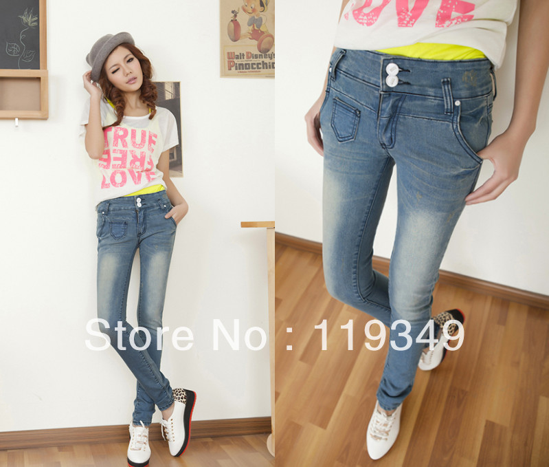 2013 women's spring wearing white buckle button fashion skinny pants pencil pants jeans