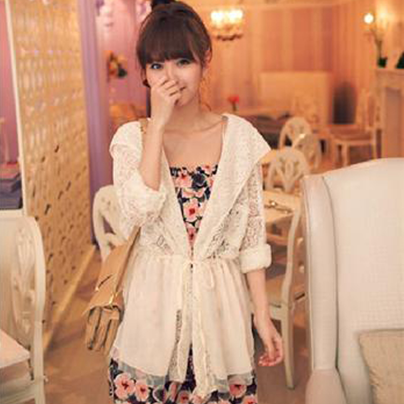 2013 women's summer fashion with a hood strap lace chiffon gauze long-sleeve all-match outerwear