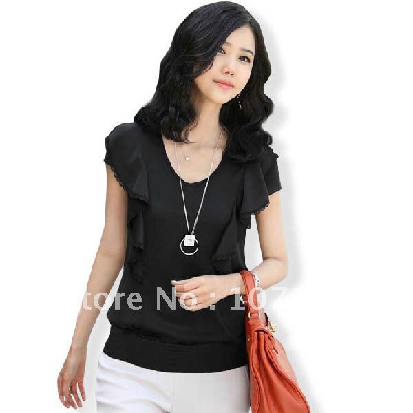 2013  Women's Summer Ruffle Top Gentlewomen Blouses Lace Decoration Short-sleeve Chiffon Shirt