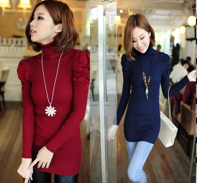 2013 women's sweater outerwear slim medium-long puff sleeve turtleneck sweater basic shirt