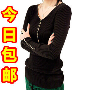 2013 women's V-neck basic sweater collar cuff buttons Free Shipping