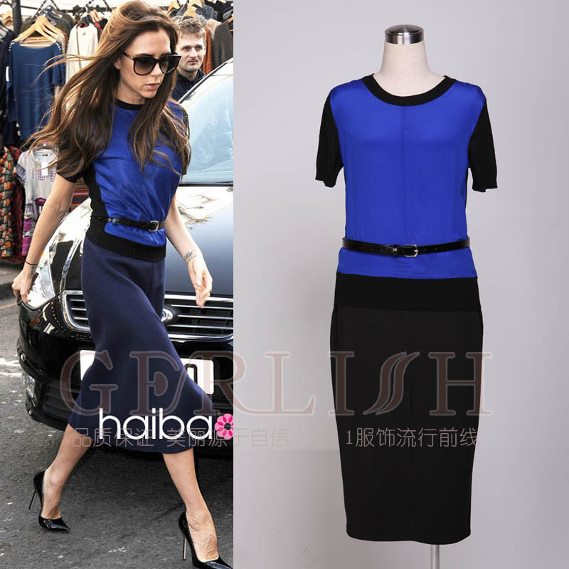 2013 women's victoria navy blue slim female silk top set skirt