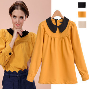 2013 women's vintage turn-down collar peter pan collar long-sleeve color block cute shirt top shirt female