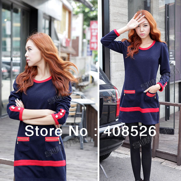 2013 Women's Zipper Decoration Long Sleeve Crew-neck Knitted Winter Dress Mini Skirt S,M,L free shipping 9414