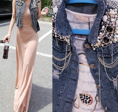 2013 Women Sequin Bead Crystal Denim Blue Sleeveless Waist Jacket Outerwear beading Vest