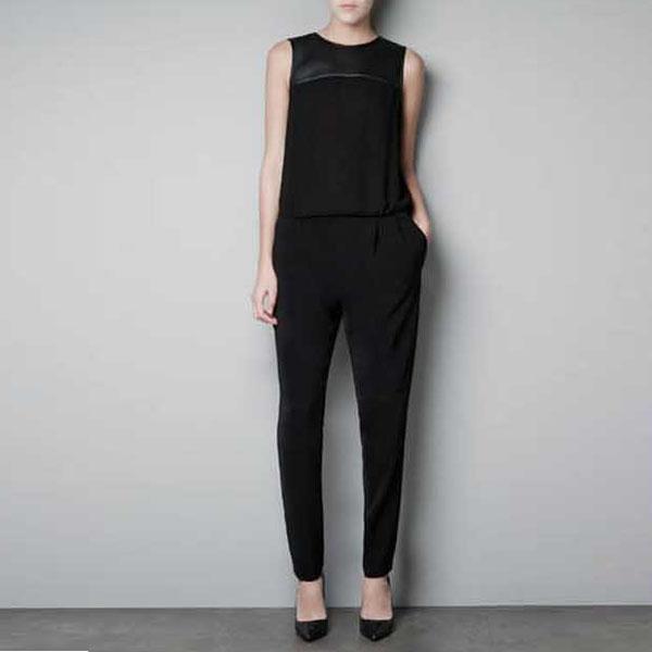 2013 womens fashion korean style zip slim spell leather Casual  Rompers comfortable jumpsuit black