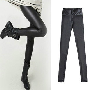 2013free shipping Autumn thin fashion black faux leather pants female matt basic high waist pants slim legging