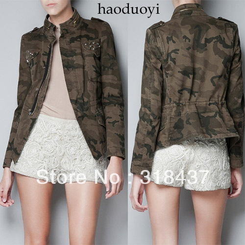 2013Good Quality Pocket diamond decoration short design zipper  stand collar  military outerwear