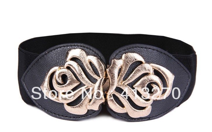 2013Hot Fashion Women Rose Flower Elastic Wide Black Metal Belt Faux Leather Double Rose Buckle Waistband