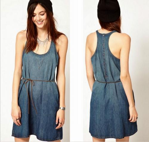 2013hot free shipping fashion women spring ,Summer New leather cord waist  denim vest dress 1398