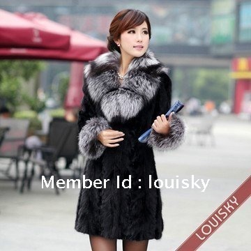 2013Lady's Mink Fur coat with super silver fox fur collar hot selling