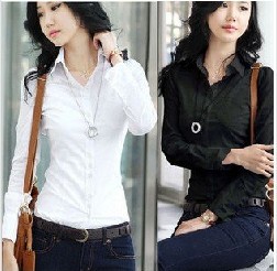 2013New Fashion Women's Long Sleeve Cotton Blouse Ladies' Shirt,Black/White/Free Shipping,