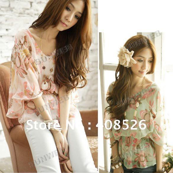 2013New Fashion Womens Lady Chic Blouse Bat Sleeve Shirt Frill Chiffon Pink, Green Free Shipping 7061