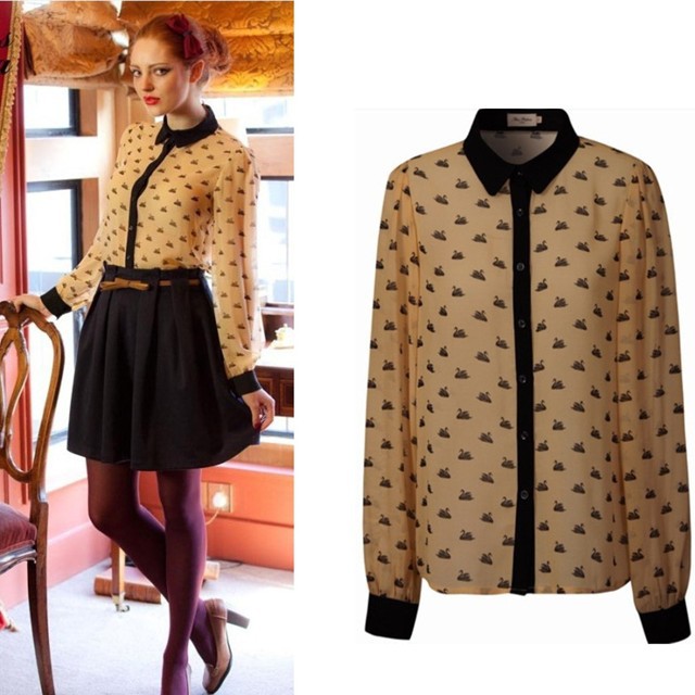 2013New fashion womens' Vintage Swan print Chiffon blouse elegant casual shirts designer tops turn down collar long sleeve brand