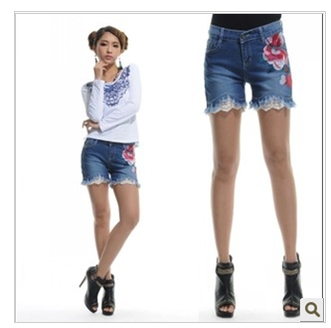 2013spring/summer denim shorts cotton mid print embroidery shorts fashion shorts National wind  personality shorts hot pants