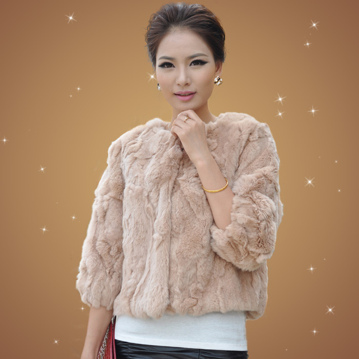 2013women's fur one piece rabbit fur three quarter sleeve short design overcoat fur coat Free Shipping