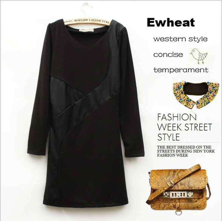 2013women spring new brief vintage O-neck full sleeve PU leather matching black brand dress lady slim conceal zipper clothing