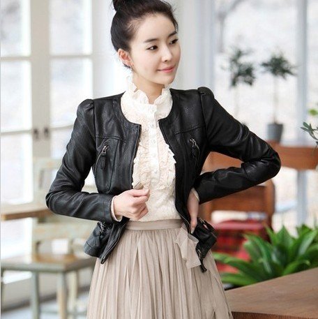 202012 Autumn new leather women short paragraph Slim Washed leather pu  round neck jacket