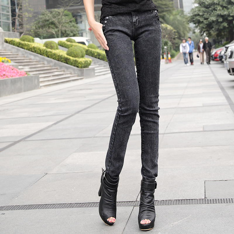 203 spring all-match smoky grey jeans female elastic pencil pants