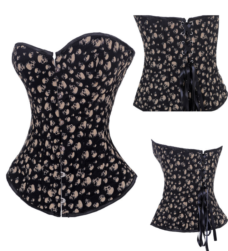 2082-- sexy lingerie popular skull print cotton blended overbust corset lace up back