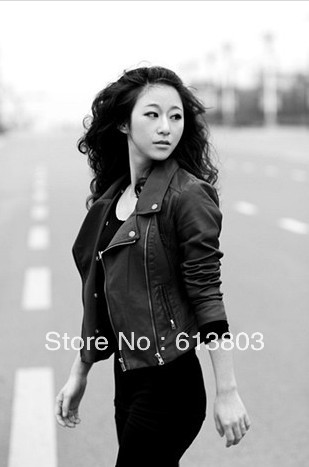 21013 Spring Women's Motorcycle PU Leather Jacket  Lapel Collar Patchwork  Short Design Slim Black  Free Shipping