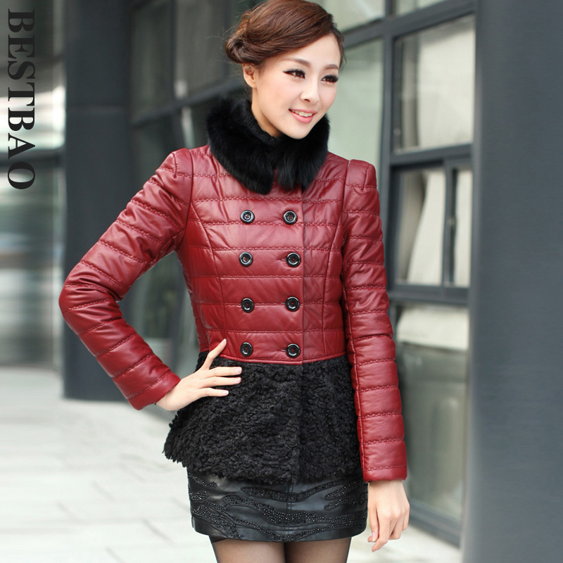 2150 fashion double breasted leather wadded jacket luxurious fur collar ring wool sweep bestbao female Absolutely authentic