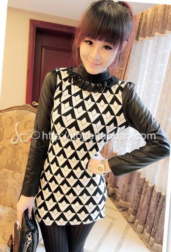 2179 sexy patchwork faux leather lace stand collar one-piece dress