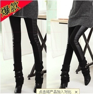 2266 fashion patchwork cotton sidepiece faux leather patchwork ankle length trousers legging