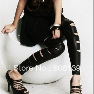 2430 European and American hipster joker side tear holes beggar imitation leather leggings 10pcs/lot Free Shipping